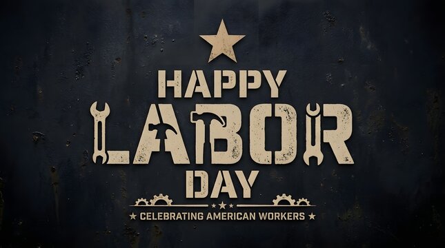Happy Labor Day typography design. American worker celebration with industrial tools.