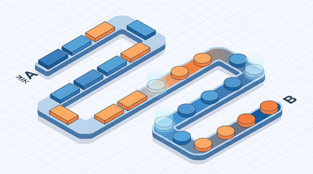 Isometric Infographic of A/B Testing Workflow and Data Structure Comparison