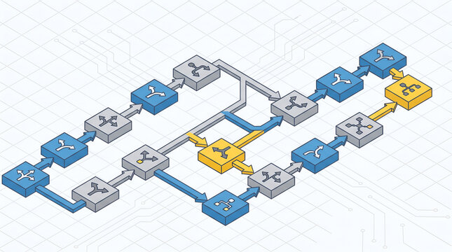 Isometric Workflow Diagram of Automated Business Process and Software Architecture