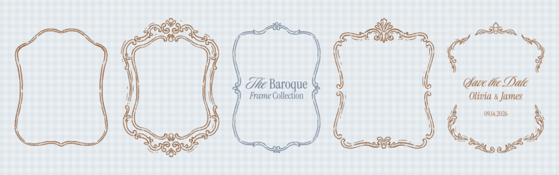 Vintage wedding monogram frame set with whimsical outlines, squiggle ornaments. Luxury Victorian royal frames for save the date cards. Hand drawn Baroque, Rococo style borders with crayon line texture