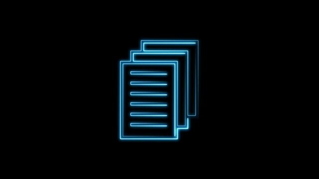 A stack of document pages glows with bright neon lines. Data organization highlights these document pages visually. Crisp graphics shape the document pages icon.