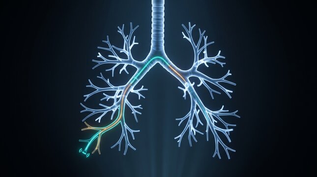 Anatomical human lungs illustration, glowing blue respiratory system with bronchial branches, medical lung health and pulmonary science concept