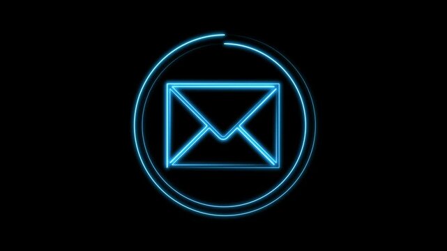 A neon envelope icon glows inside a clean circular frame. Digital mail is represented by this envelope icon design. High contrast defines the envelope icon clearly.
