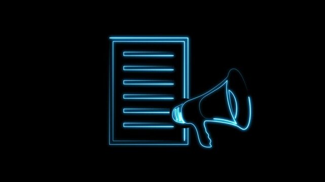 A neon document graphic rests near a bright megaphone icon. Important notices highlight this document visual clearly. Clean outlines define the document graphic.