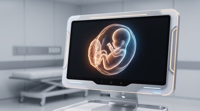Futuristic ultrasound monitor displaying human fetus, medical diagnostic screen in hospital room, prenatal healthcare technology with glowing baby embryo