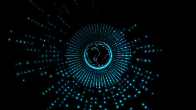 A glowing blue earth sphere turns amidst digital light particles. Tech data surrounds the blue earth sphere smoothly. Infinite space frame holds the blue earth sphere.