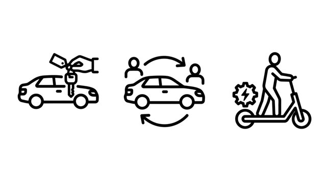 Car sharing and electric scooter rental line icon set with two wheeler vehicle sharing electric transport transportation mobility business sharingeconomy ecofriendly sustainable technology