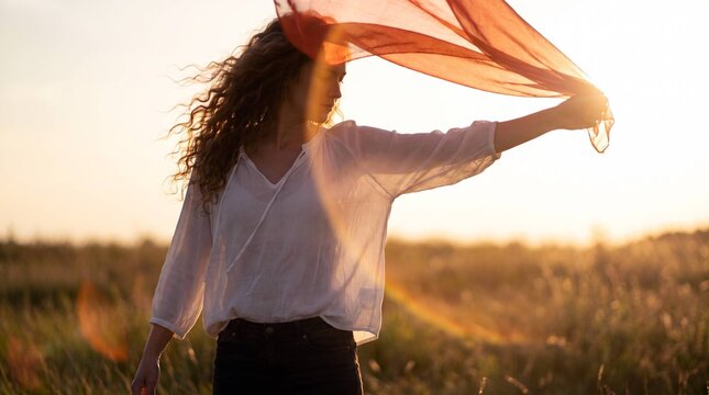 Woman with curly hair holding flowing orange scarf in golden field at sunset