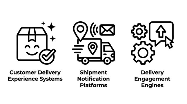 Delivery experience and shipment tracking service icons with shipping process logistics technology customer support notification system tracking platform supply chain service design delivery