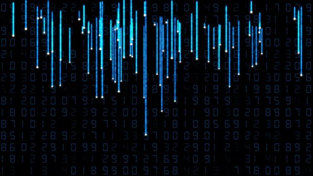 A blue matrix data stream falls continuously on black. Digital code pulses down the matrix data stream seamlessly. Cyber security defines the matrix data stream.