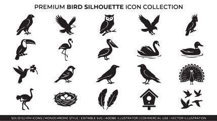 Naklejka premium Premium bird silhouette icon collection, 20 black solid glyph icons, monochrome avian wildlife vector set for logo design and branding isolated on White Background