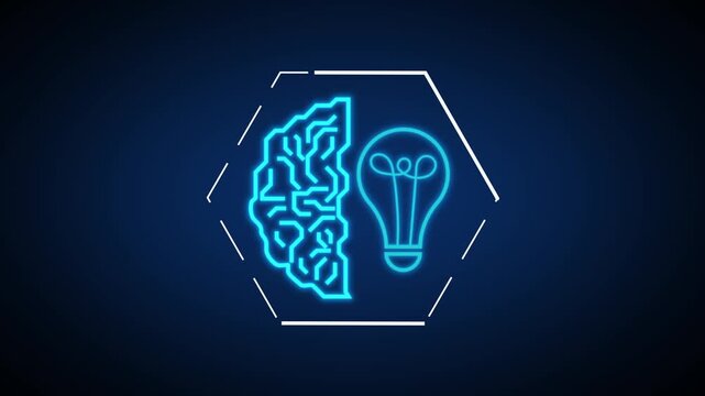 A glowing neon brain symbol fuses with a bright light bulb. Innovation shines through this neon brain icon clearly. Creative thinking defines the neon brain visual.