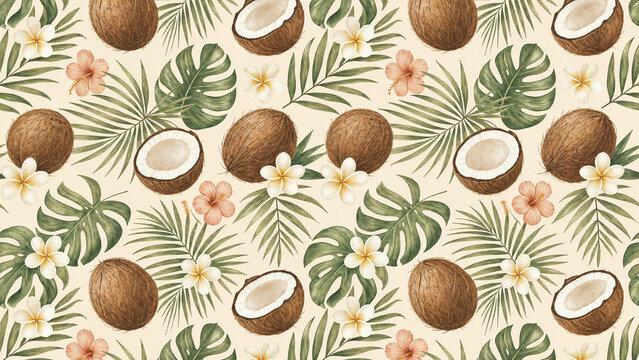 Seamless fruit pattern with whole and halved coconuts, tropical palm leaves, and exotic flowers on a light background