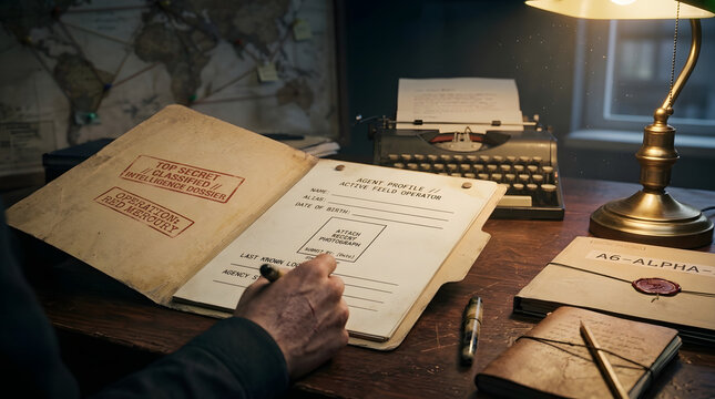 Espionage Agent Writing Top Secret Intelligence Dossier Vintage Desk