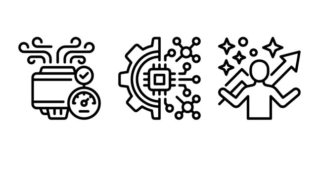 Air treatment system circuit process engine and personal growth success icons treatment diffuser performance illustration technology automation mechanical microchip connectivity achievement
