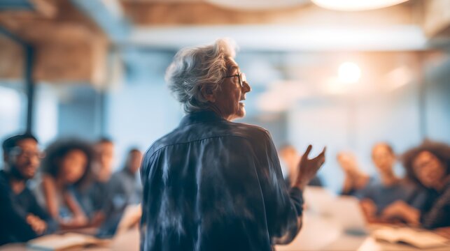 Confident senior businesswoman leading corporate seminar, professional female mentor speaking to diverse office team, executive leadership training session
