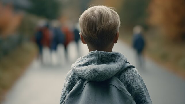 Young boy walking alone on road, back view of child in grey hoodie, lonely kid outdoors in autumn, cinematic moody atmosphere