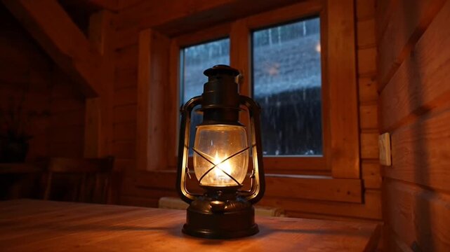 Vintage kerosene lantern glowing on a wooden table in a rustic cabin