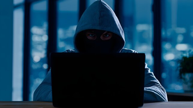 Mysterious masked hacker in hoodie using laptop at night, cyber criminal committing data theft, digital security breach concept