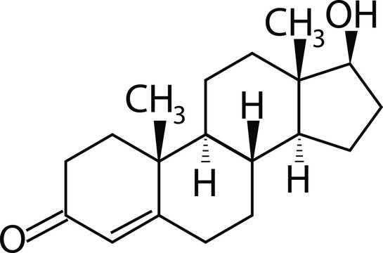 Structural chemical formulas of testosterone molecule. Molecular chemical formula of sex hormone. Testosterone male sex hormone (androgen) molecule sign.