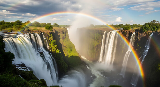 Victoria falls with a vibrant rainbow arc over the cascading water and lush green landscape