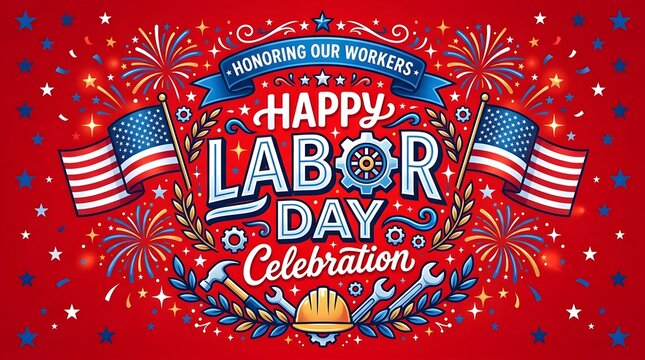Happy Labor Day celebration banner. American holiday graphic with flags and fireworks.