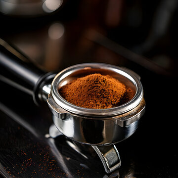 Espresso Machine Portafilter Tamped Coffee Puck Chrome Metal Dramatic Light