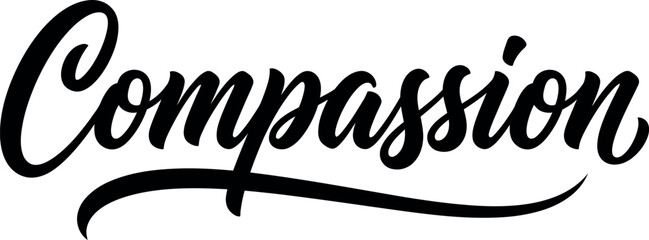 Elegant black ink brush script typography featuring the word compassion isolated on a clean white background for design projects © Ammbia