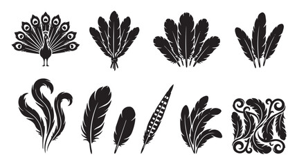 Black feather silhouette icons, elegant peacock and quill pen vector set, decorative bird plumage collection for logo design and branding isolated on White Background © Ali