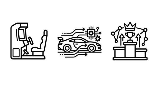 Set of three linear icons representing racing simulation car engines and competitive gaming trophies with simulation competition graphics technology automotive software development interface
