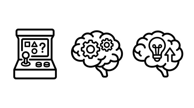 Icon set representing gaming simulation logic brain processes and idea generation strategy with simulation strategy generation graphics technology thinking software development interface