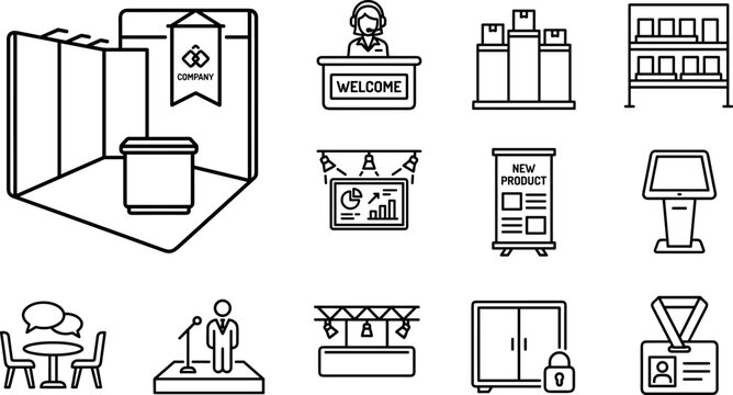 Trade Show and Exhibition Line Icon Set with Expo Booth, Reception Desk, Banner Stands, and Presentation Stage Symbols for Corporate Event Marketing Designs