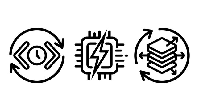 Set of technology icons featuring code development processor power server data flow processor lightning development computing technology software programming database optimization