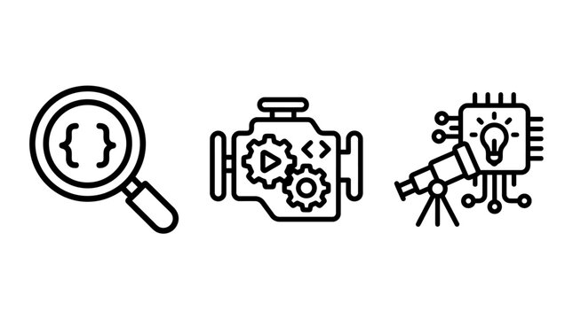 Code search development engine and hardware innovation concept icons with development hardware innovation technology programming software engineering magnifying telescope lightbulb business