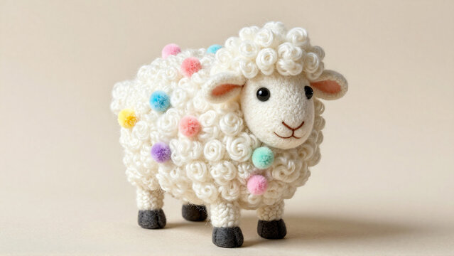 Adorable fluffy toy sheep with colorful pom-poms on a soft background