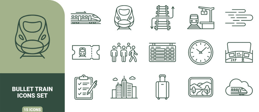 Green outline icons set depicting bullet trains, railway tracks, travel tickets, passengers, timetable board, station clock, and luggage