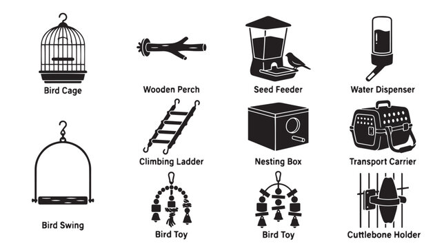 Pet bird cage accessories icon set, 12 black vector bird care elements, avian supplies for domestic parrots and canaries, pet shop equipment icons isolated on White Background
