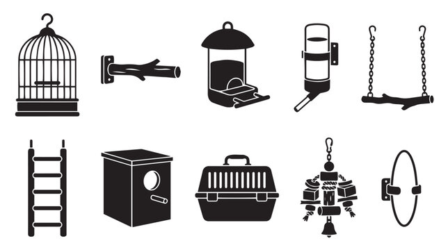 Pet bird cage accessories icon set, 10 black silhouette bird care elements, domestic parrot supplies and aviary equipment vector collection isolated on White Background