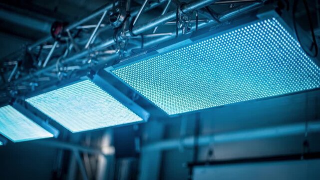 Closeup of cooltoned LED panels mounted on overhead rigging medium shot featuring sharp light details blurred ceiling and cables emphasize intricate studio setup.