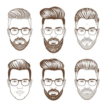 Hipster hairstyle and beard style vector sketches of men faces with fashion haircuts, beards, mustaches and glasses, isolated hand drawn heads with undercut, angular fringe and pompadour hairstyles .