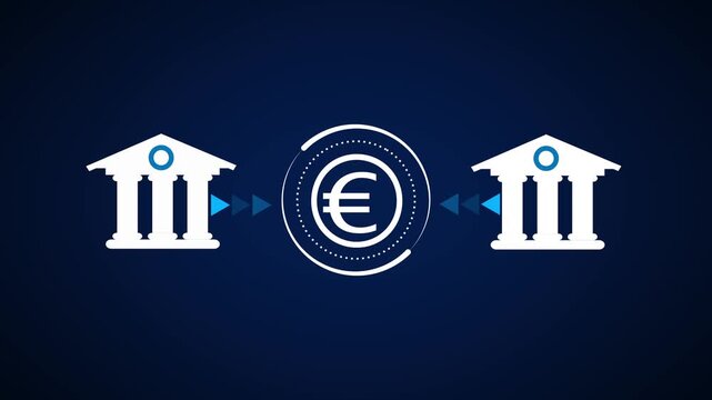 An euro symbol transfers smoothly between white bank buildings. Financial network connections link these bank buildings. Clean design outlines the bank buildings.