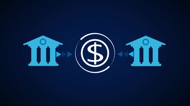 A dollar sign symbol moves between two bank buildings. Financial exchange connects each bank buildings visual. Capital flows smoothly across bank buildings.