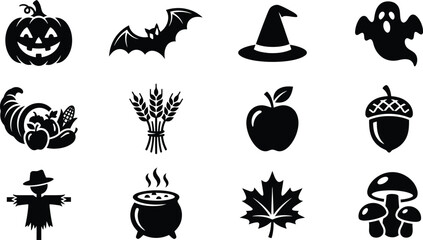 Halloween autumn harvest thanksgiving icon set. jack o lantern carved pumpkin, flying bat silhouette, witch hat, spooky ghost, cornucopia horn of plenty, wheat bundle, apple fruit, oak acorn nut, gard © MDRAJU