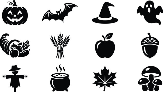 Halloween autumn harvest thanksgiving icon set. jack o lantern carved pumpkin, flying bat silhouette, witch hat, spooky ghost, cornucopia horn of plenty, wheat bundle, apple fruit, oak acorn nut, gard