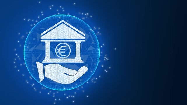 An euro bank icon rests gracefully on a dark blue backdrop. Currency transactions highlight the euro bank icon design. Tech graphics define the euro bank icon.