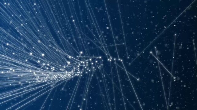 A digital network of lines connects glowing data particles. Technology nodes expand across the network of lines. Dynamic motion defines this network of lines.
