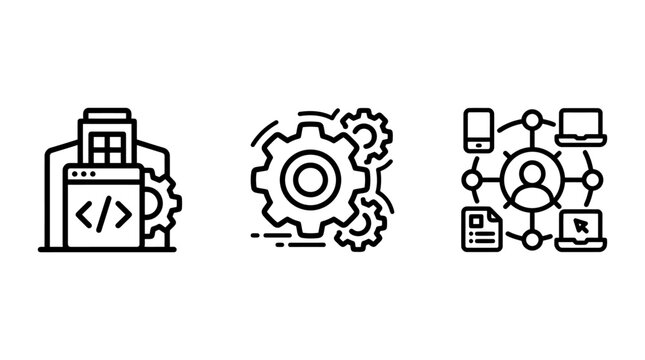 Software architecture and workflow optimization icons with software architecture development programming workflow application platform business technology computer monochrome interface