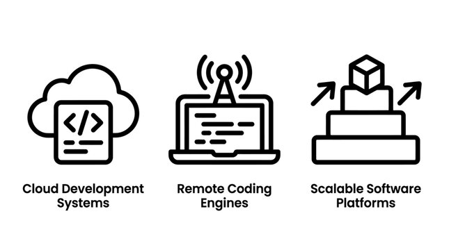 Cloud development and scalable software systems icons with development software programming internet technology platform monochrome architecture computing infrastructure business technical