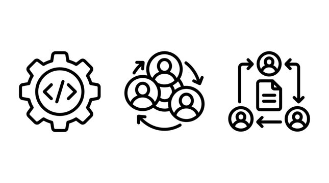 Set of icons representing development workflow and team collaboration processes with development workflow collaboration software engineering programming technical business management strategy