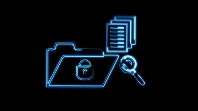 A neon blue folder icon reveals a prominent magnifying glass. File search concepts define this blue folder icon visually. High contrast accents the blue folder icon.